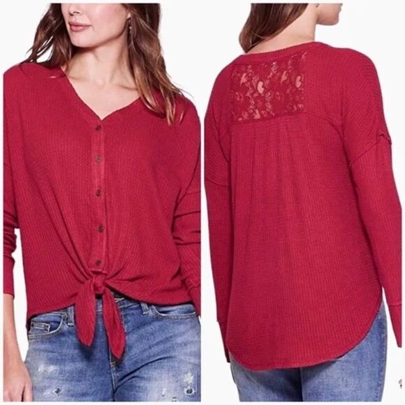 Knox Rose Red Long Sleeve Waffle Knit Tie Hem Button Front Lace Panel Top 2X - Picture 14 of 14